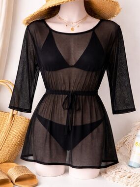 For Cynthia Black Sheer Mesh 3/4 Sleeve Swim Coverup Size Medium